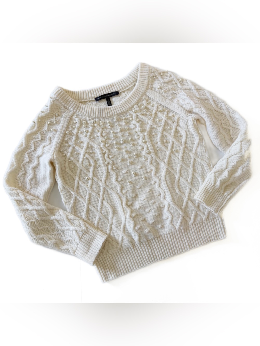 White House Black Market Sweater Womens XS Ivory Wool Fisherman Pearl Cableknit